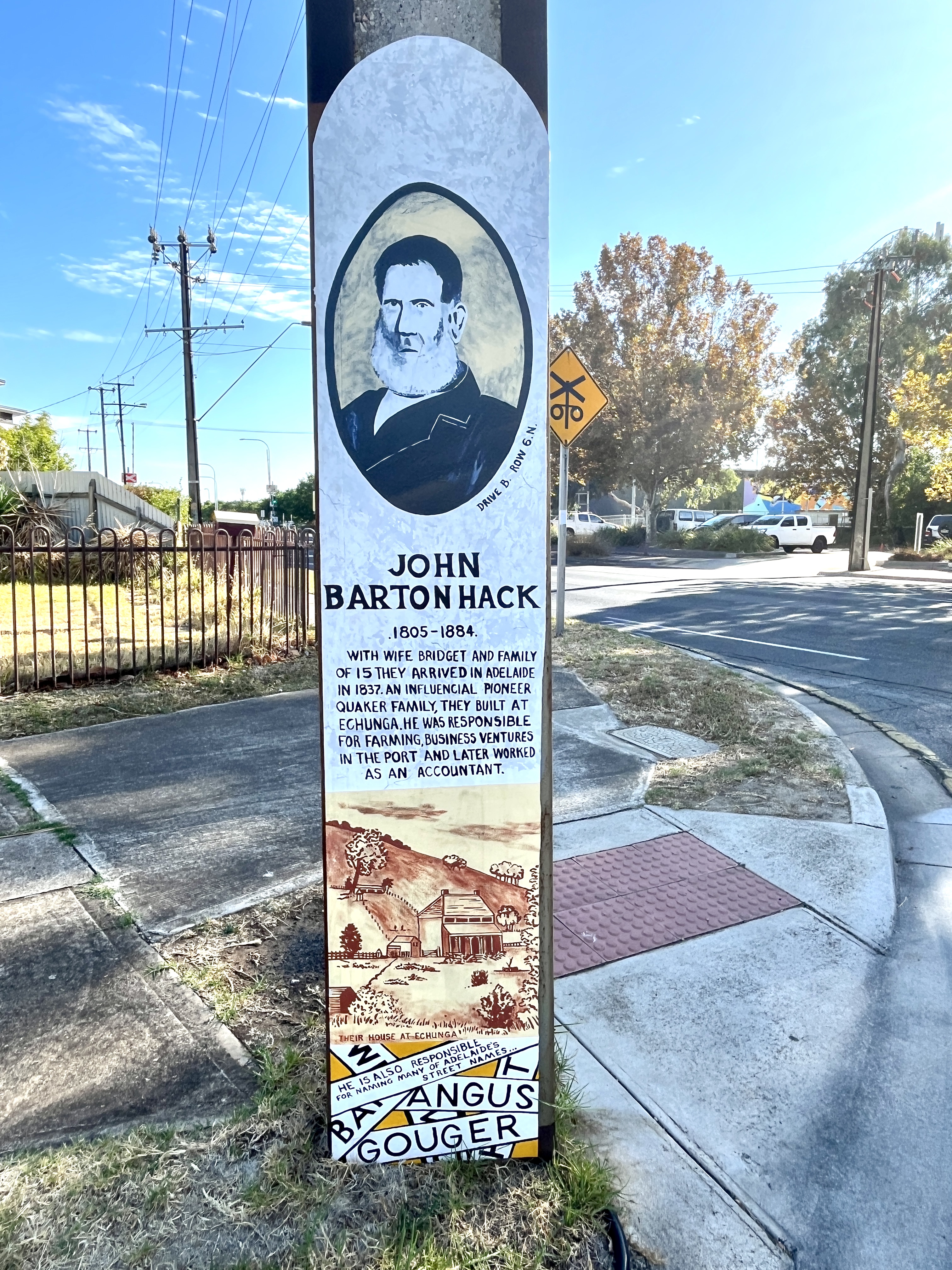 Image of John Whitney's Stobie Pole art in memory of John Barton Hack